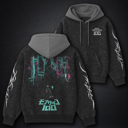 Mob Psycho 100 Classic Black and Grey Washed Hoodie