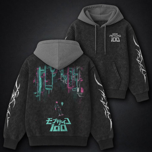 Mob Psycho 100 Classic Black and Grey Washed Hoodie