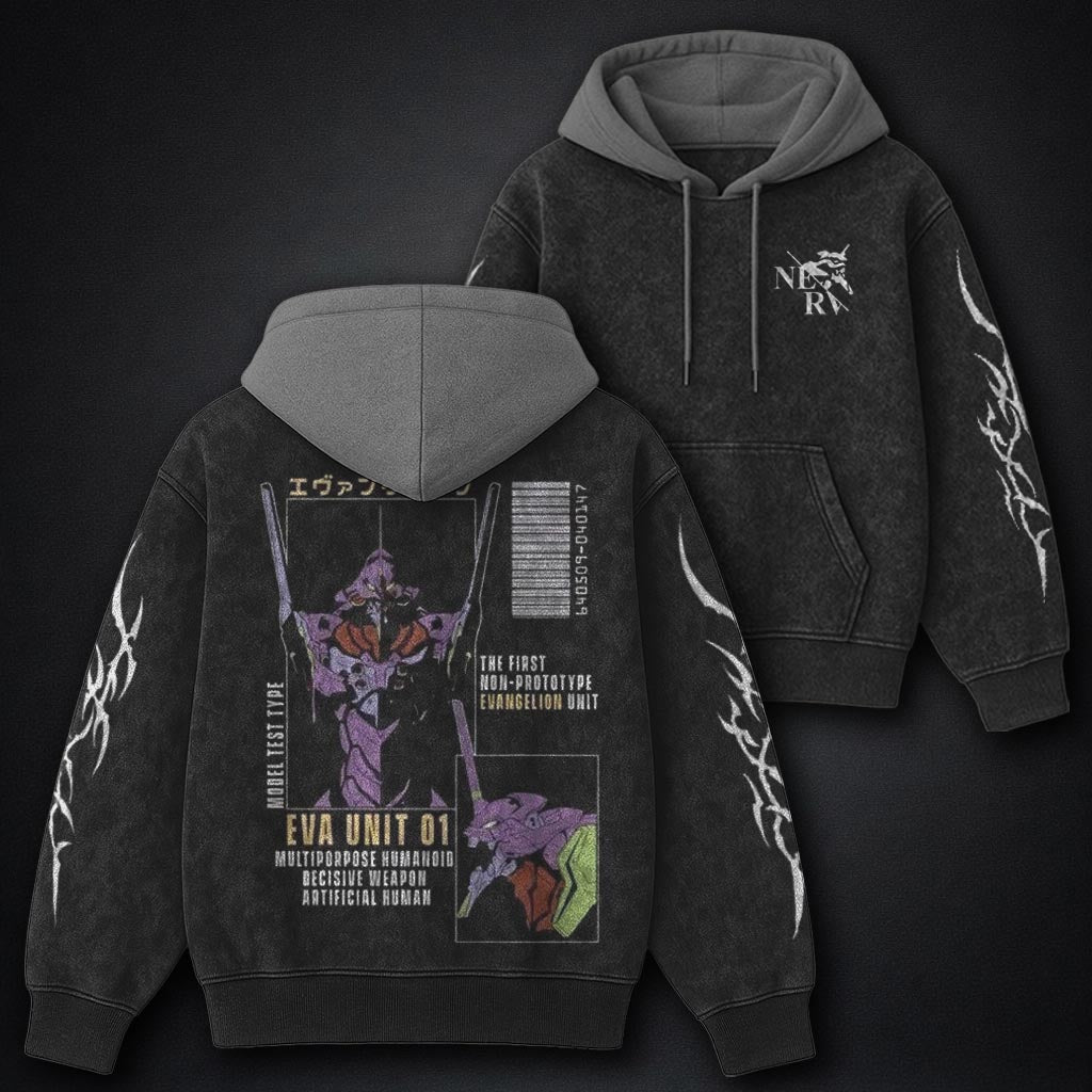 Neon Genesis Evangelion Graphic Black and Grey Washed Hoodie