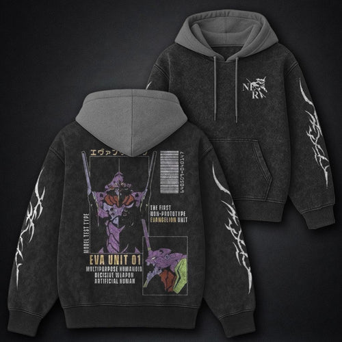 Neon Genesis Evangelion Graphic Black and Grey Washed Hoodie