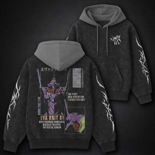 Neon Genesis Evangelion Graphic Black and Grey Washed Hoodie