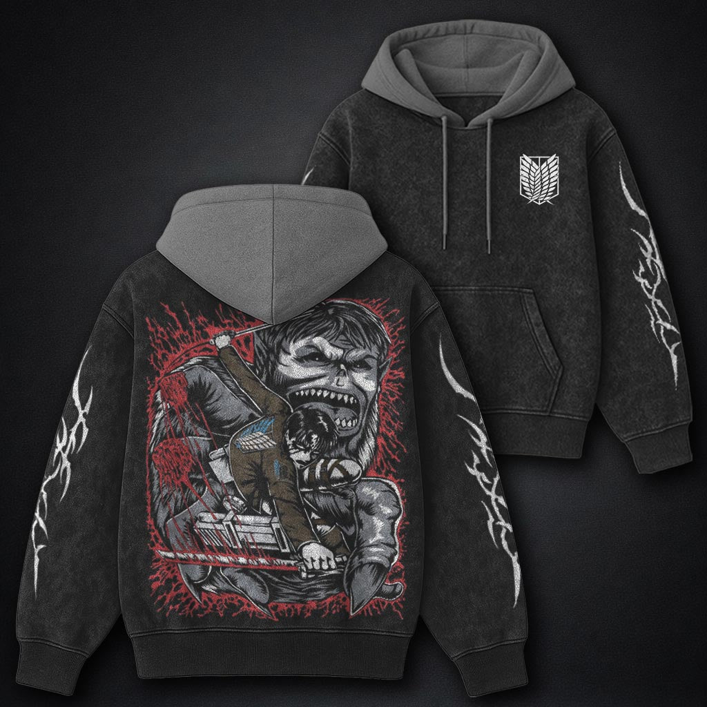 Attack on Titan Washed Black and Grey Washed Hoodie