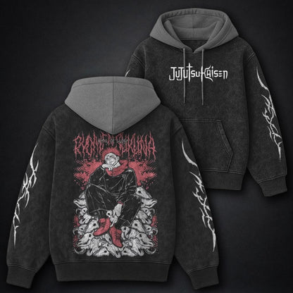 Jujutsu Kaisen Streetwear Black and Grey Washed Hoodie
