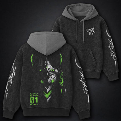 Neon Genesis Evangelion Signature Black and Grey Washed Hoodie