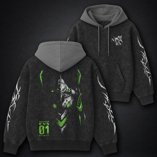 Neon Genesis Evangelion Signature Black and Grey Washed Hoodie