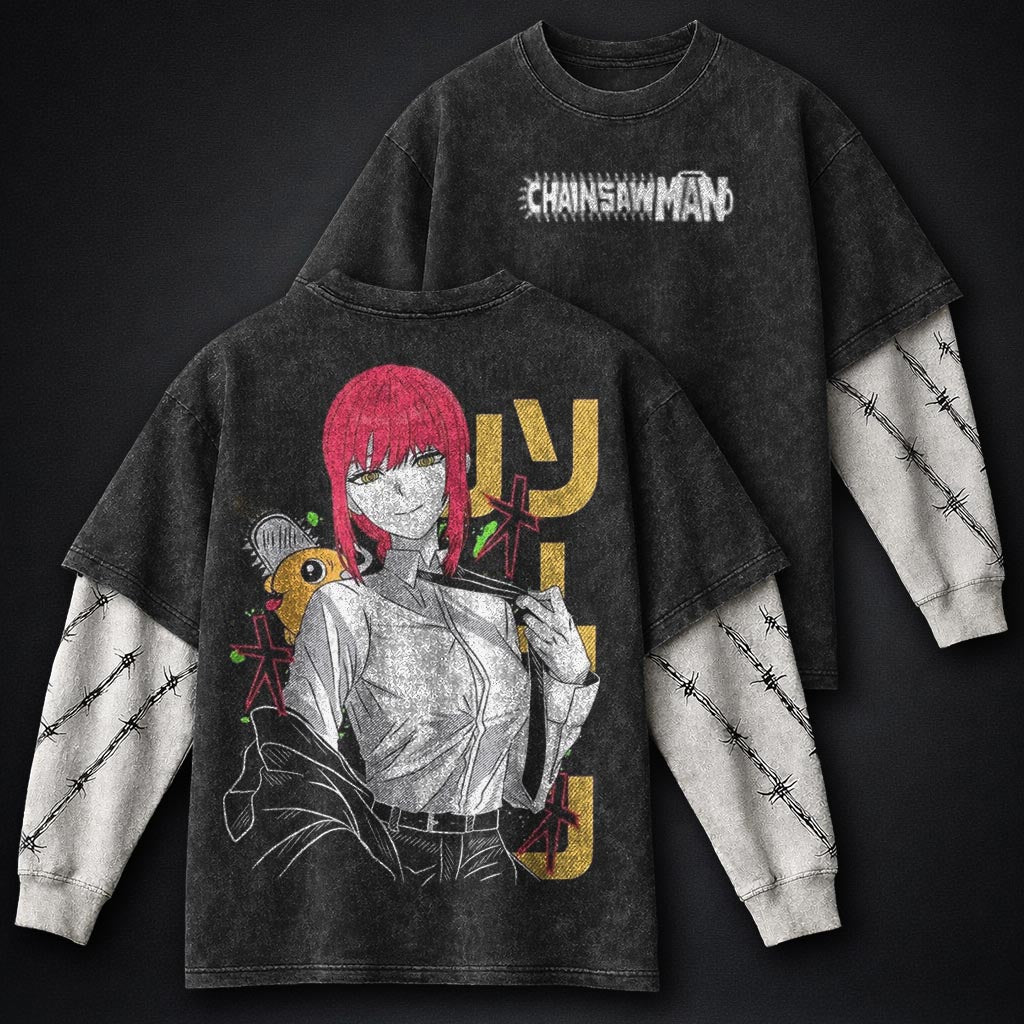 Chainsaw Man Streetwear Washed Double Sleeves T-Shirt