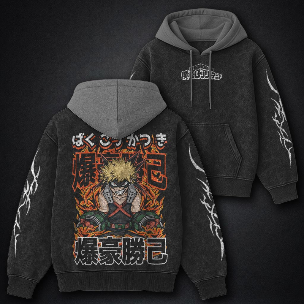 My Hero Academia Retro Black and Grey Washed Hoodie