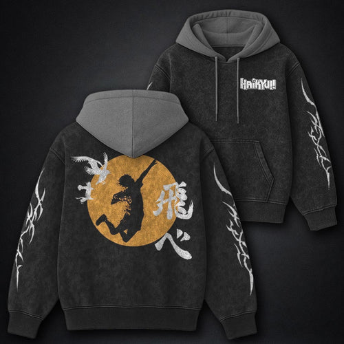 Haikyuu Heavyweight Black and Grey Washed Hoodie