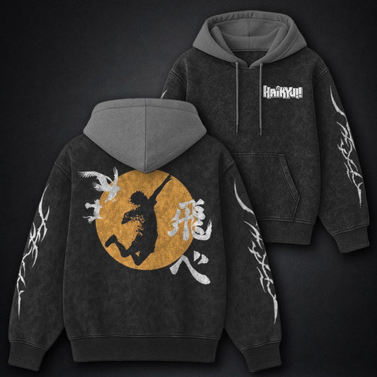 Haikyuu Heavyweight Black and Grey Washed Hoodie