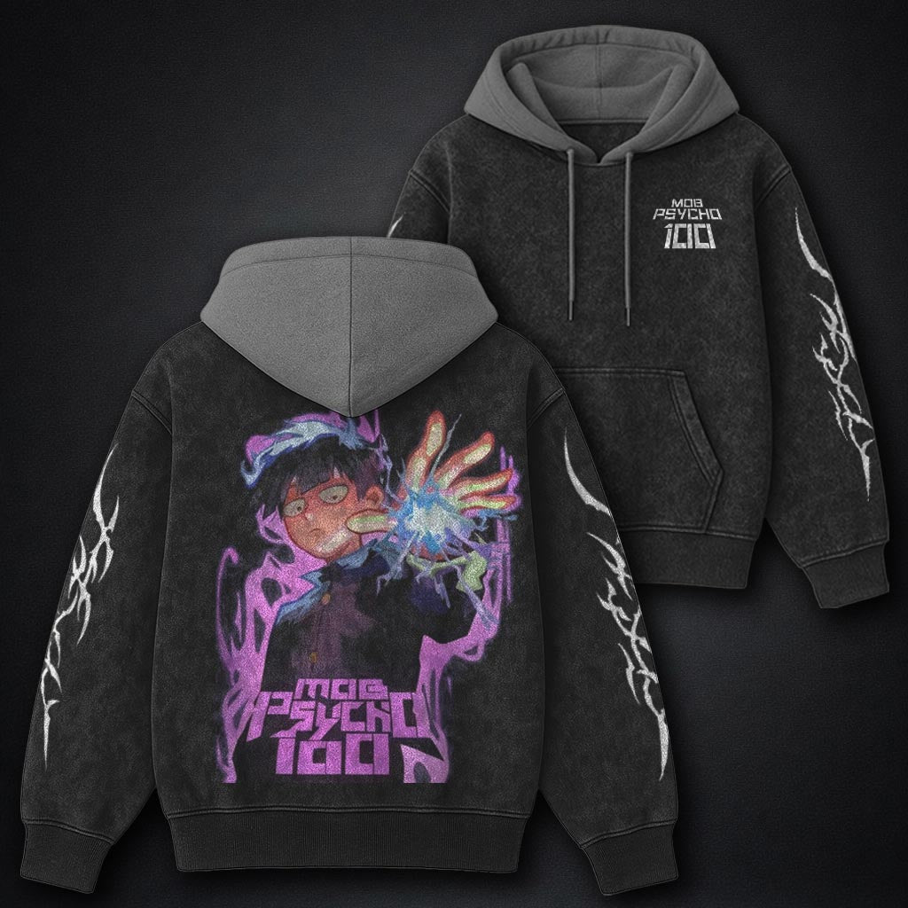 Mob Psycho 100 Luxe Black and Grey Washed Hoodie
