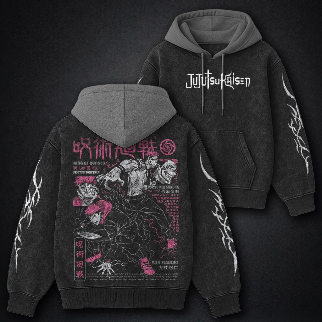 Jujutsu Kaisen Luxe Black and Grey Washed Hoodie