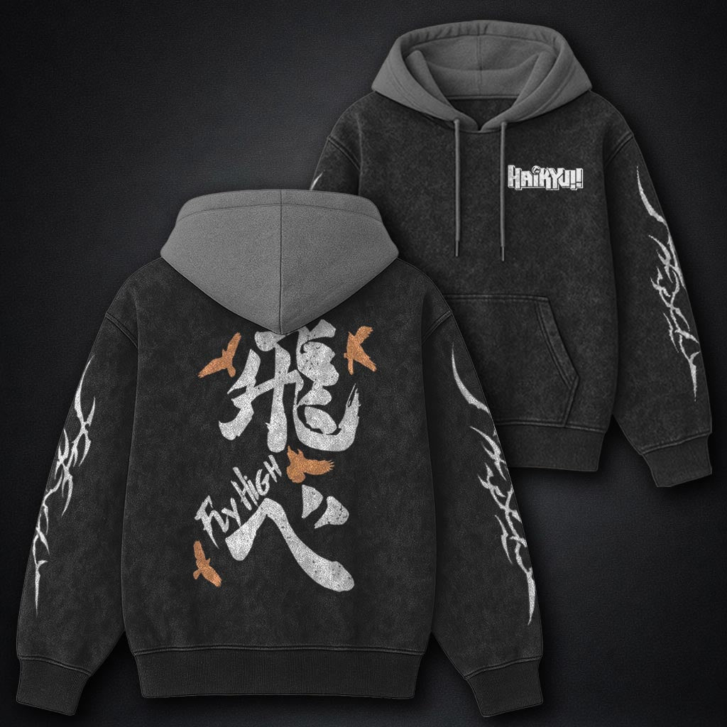 Haikyuu Lightweight Black and Grey Washed Hoodie