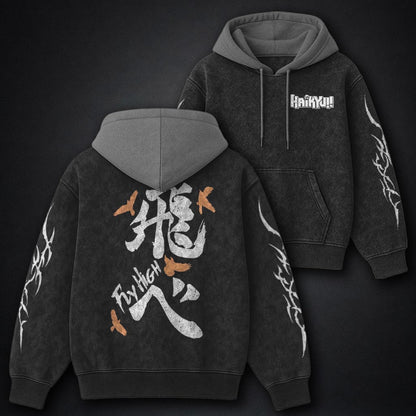 Haikyuu Lightweight Black and Grey Washed Hoodie