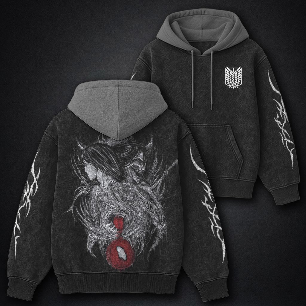 Attack on Titan Soft Black and Grey Washed Hoodie