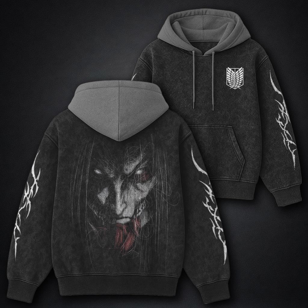 Attack on Titan Graphic Black and Grey Washed Hoodie