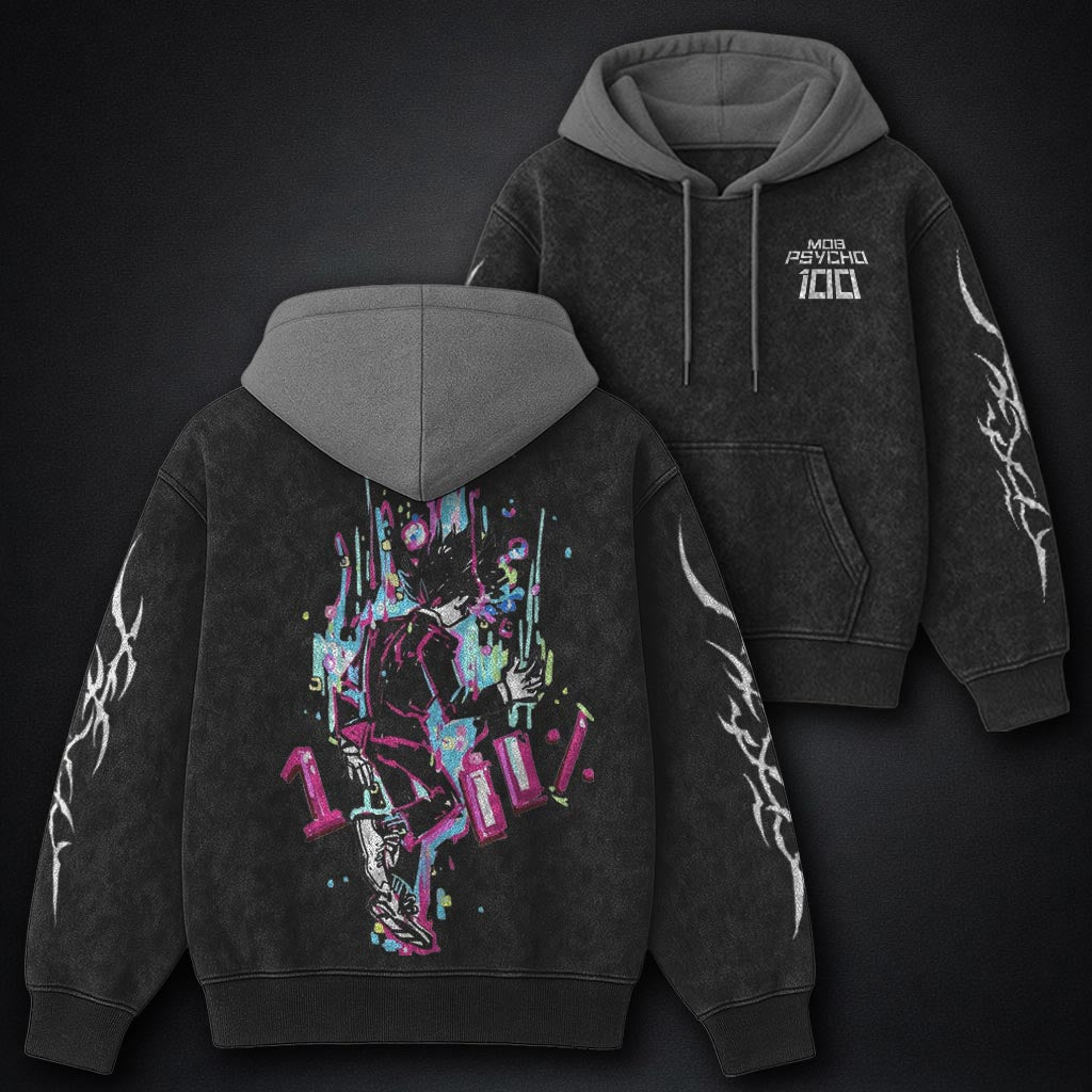 Mob Psycho 100 Relaxed Black and Grey Washed Hoodie