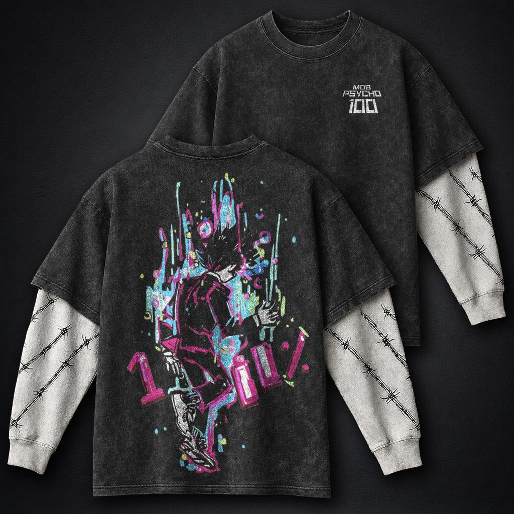 Mob Psycho 100 Streetwear Washed Double Sleeves T-Shirt