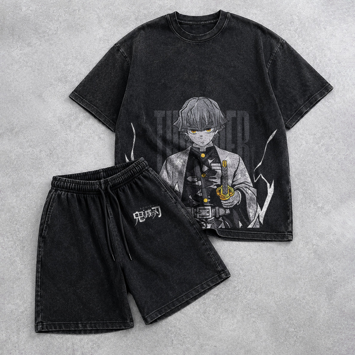 Demon Slayer Washed Black T-Shirt and Shorts Combo (6 Designs)