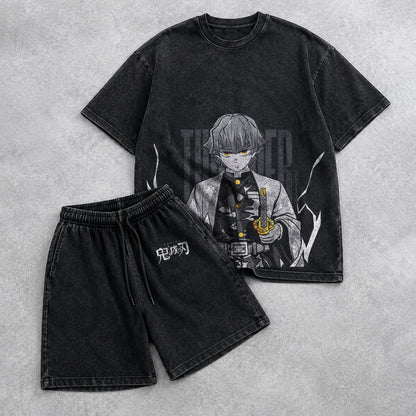 Demon Slayer Washed Black T-Shirt and Shorts Combo (6 Designs)