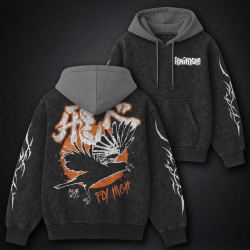 Haikyuu Streetwear Black and Grey Washed Hoodie