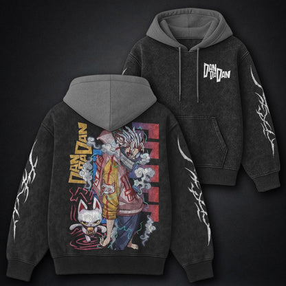 Dandadan Oversized Black and Grey Washed Hoodie