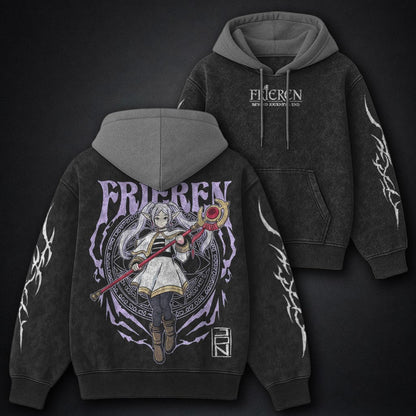 Frieren Lightweight Black and Grey Washed Hoodie