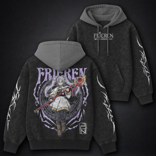 Frieren Lightweight Black and Grey Washed Hoodie
