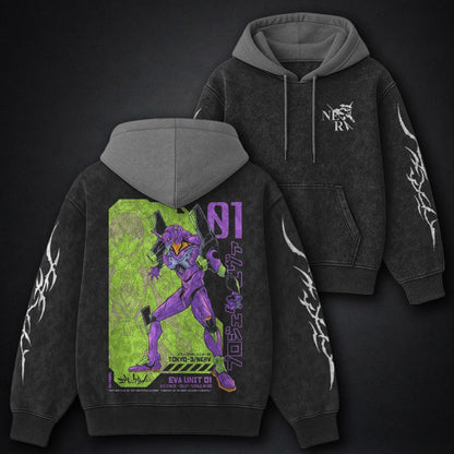 Neon Genesis Evangelion Heavyweight Black and Grey Washed Hoodie