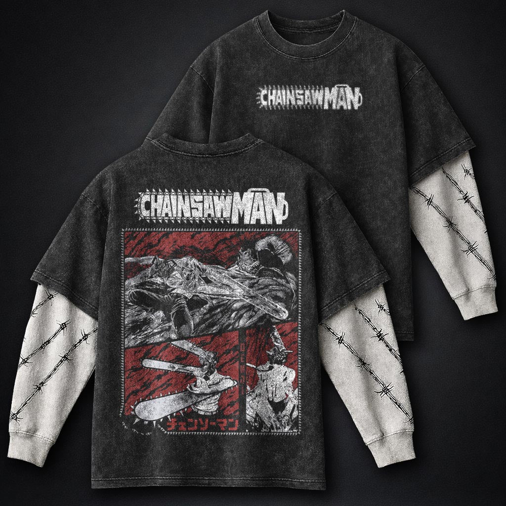Chainsaw Man Oversized Washed Double Sleeves T-Shirt