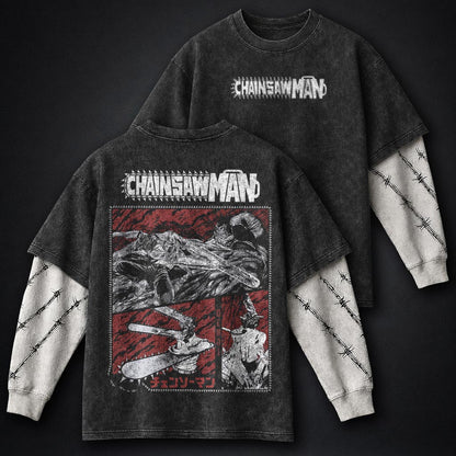 Chainsaw Man Oversized Washed Double Sleeves T-Shirt