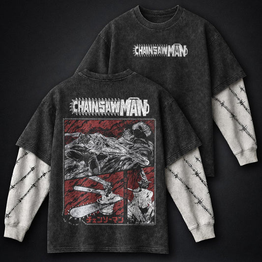 Chainsaw Man Oversized Washed Double Sleeves T-Shirt