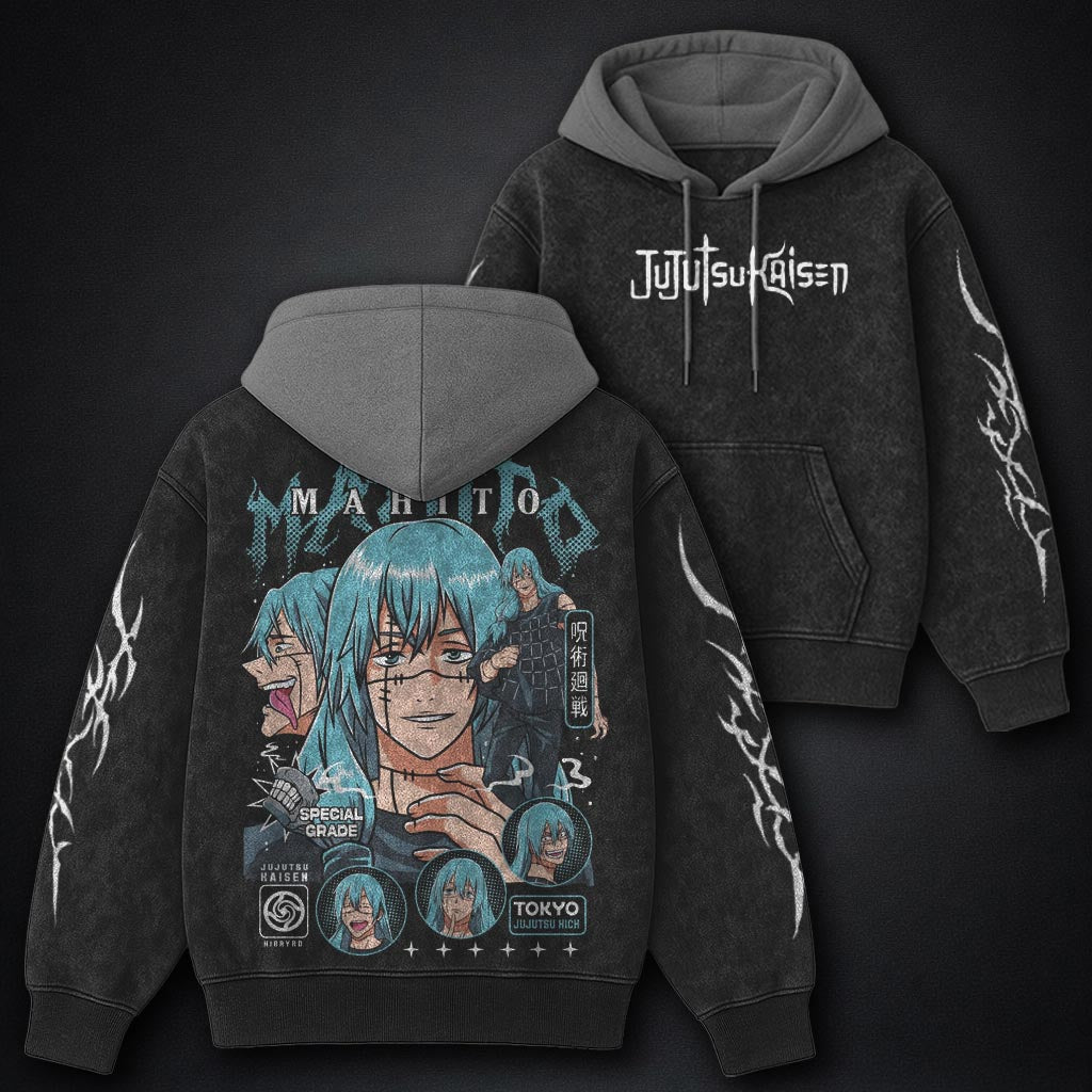 Jujutsu Kaisen Lightweight Black and Grey Washed Hoodie