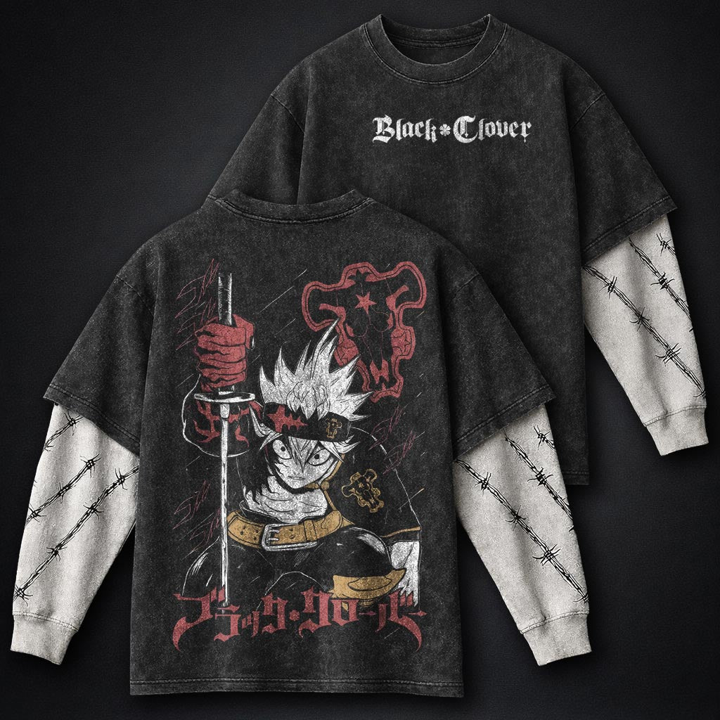 Black Clover Oversized Washed Double Sleeves T-Shirt