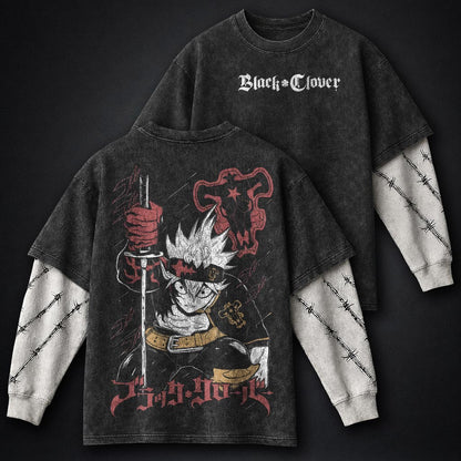 Black Clover Oversized Washed Double Sleeves T-Shirt