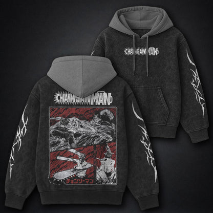 Chainsaw Man Essential Black and Grey Washed Hoodie