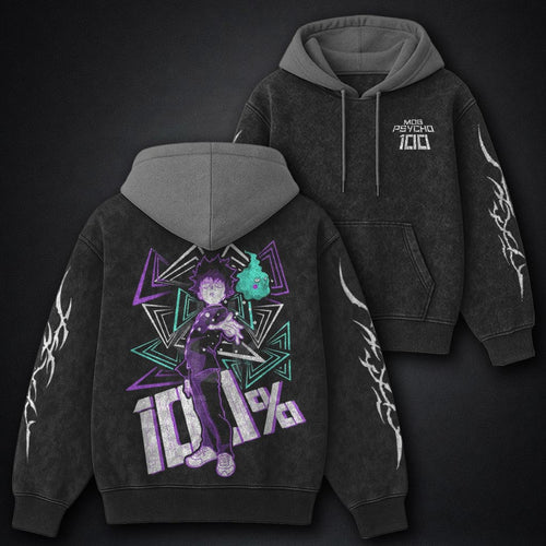Mob Psycho 100 Premium Black and Grey Washed Hoodie