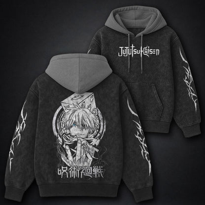 Jujutsu Kaisen Retro Black and Grey Washed Hoodie
