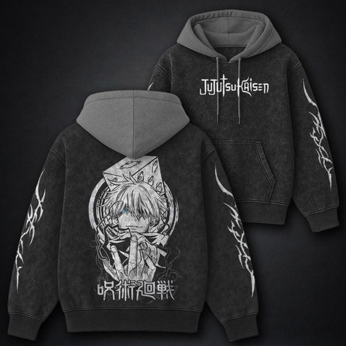 Jujutsu Kaisen Retro Black and Grey Washed Hoodie