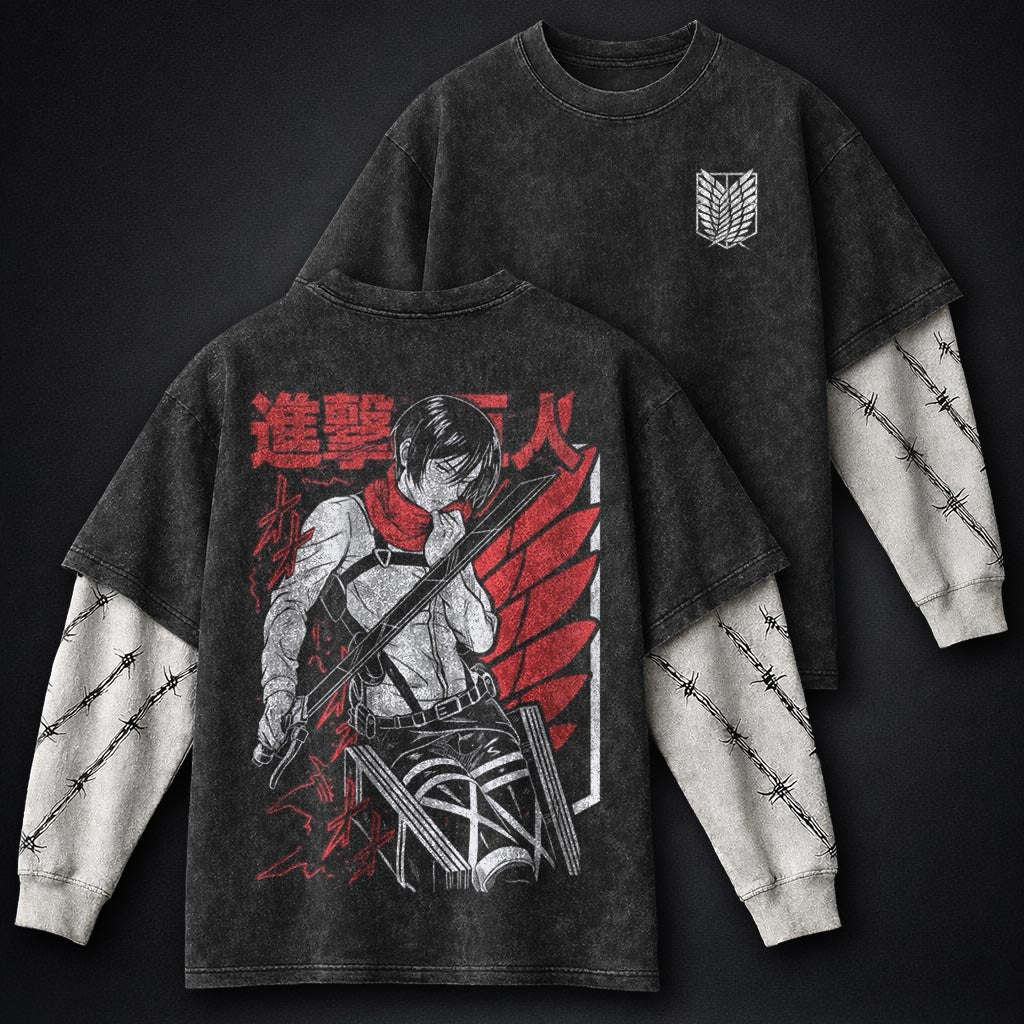 Attack on Titan Graphic Washed Double Sleeves T-Shirt