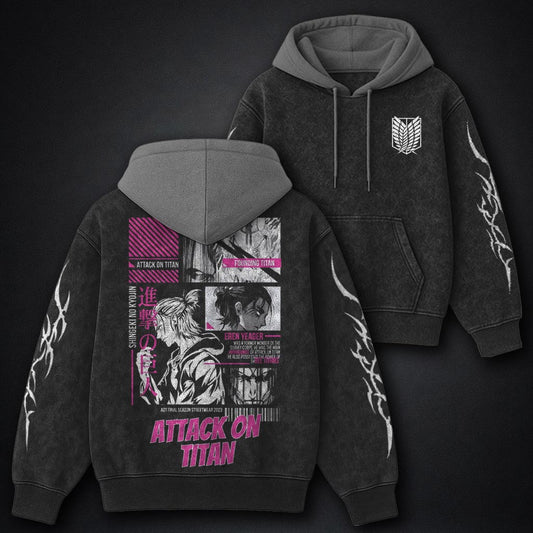 Attack on Titan Oversized Black and Grey Washed Hoodie