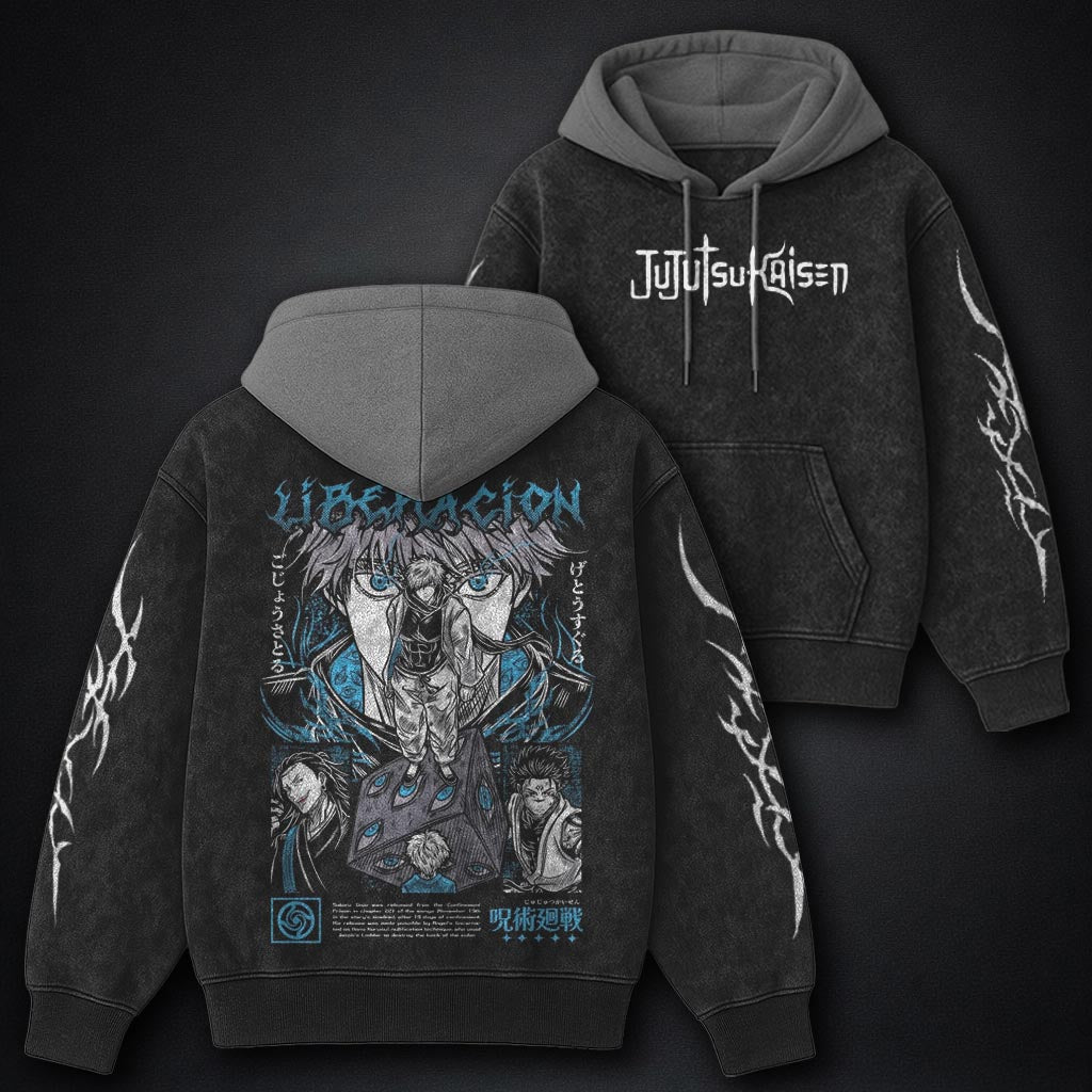 Jujutsu Kaisen Minimal Black and Grey Washed Hoodie