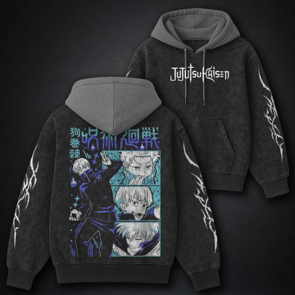 Jujutsu Kaisen Faded Black and Grey Washed Hoodie