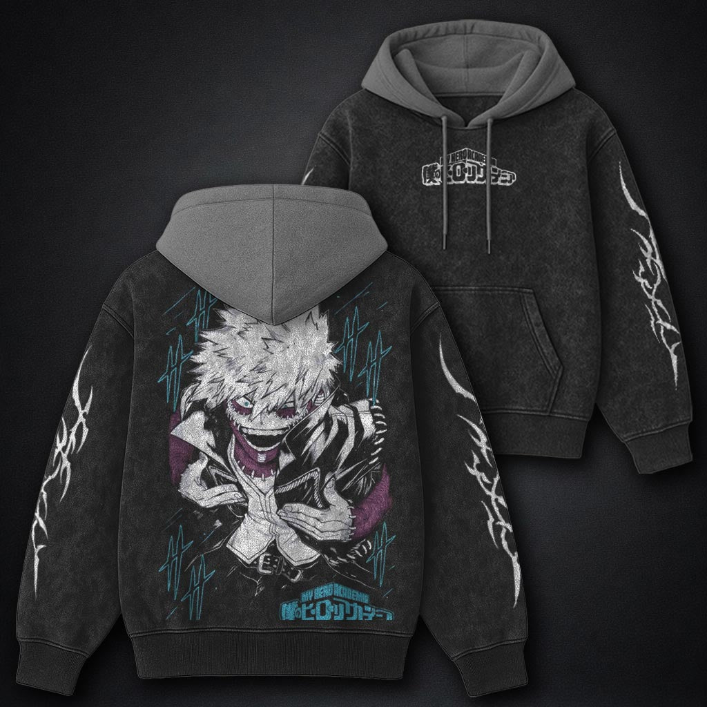 My Hero Academia Distressed Black and Grey Washed Hoodie