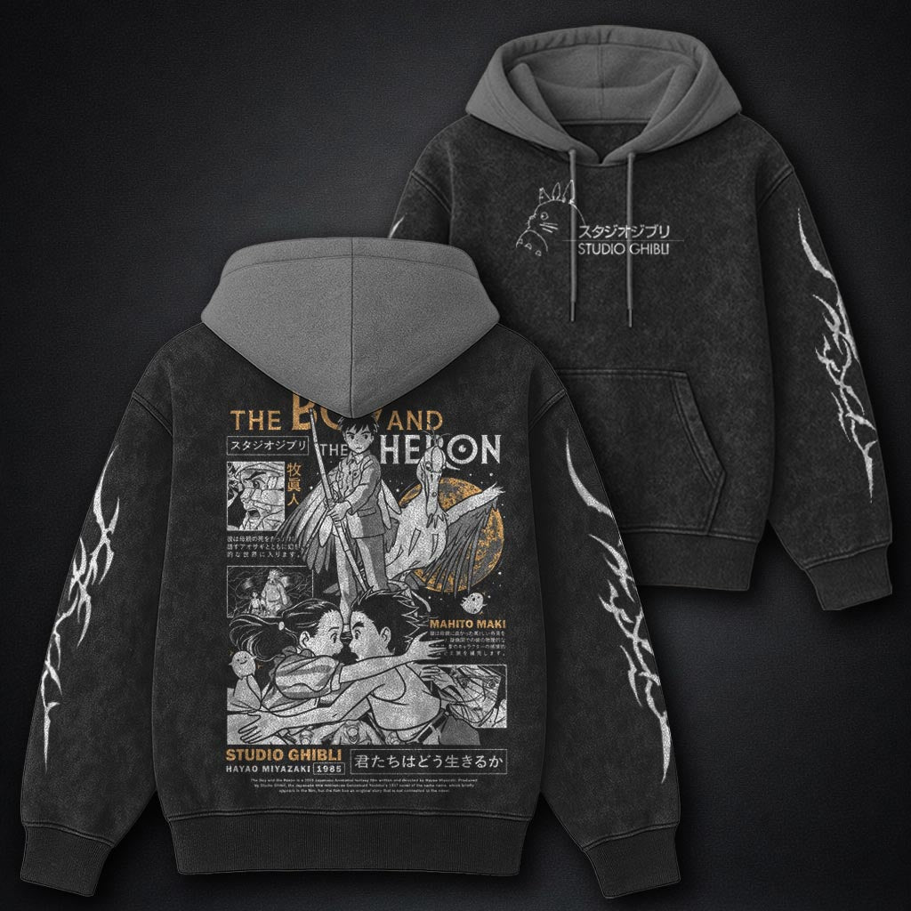 Ghibli Minimal Black and Grey Washed Hoodie