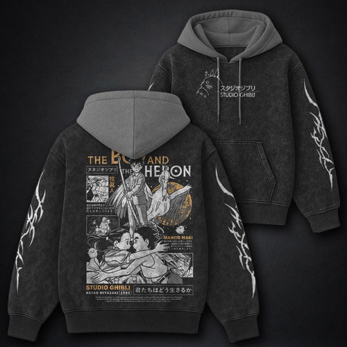 Ghibli Minimal Black and Grey Washed Hoodie