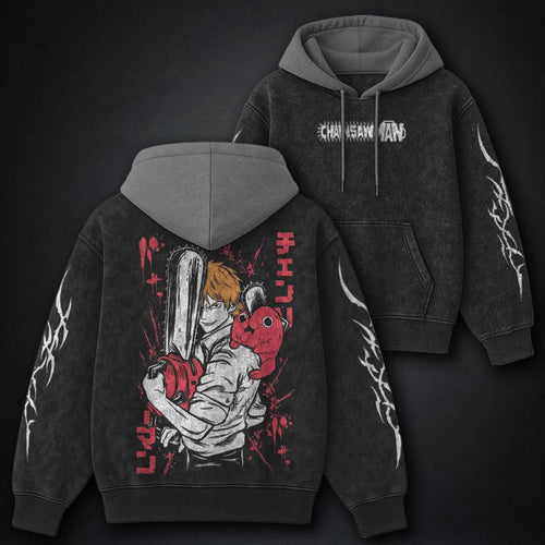 Chainsaw Man Premium Black and Grey Washed Hoodie