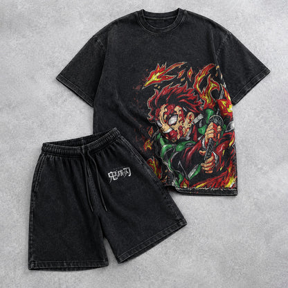 Demon Slayer Washed Black T-Shirt and Shorts Combo (6 Designs)