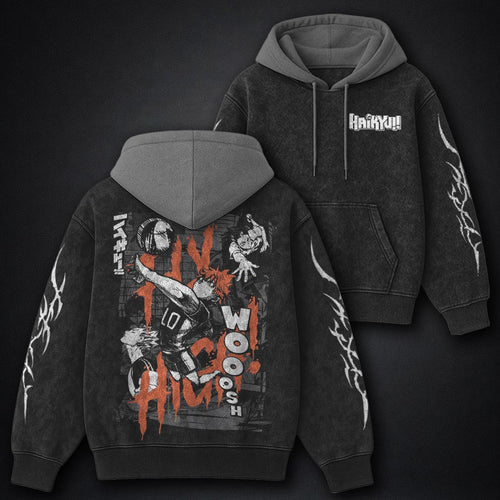 Haikyuu Graphic Black and Grey Washed Hoodie