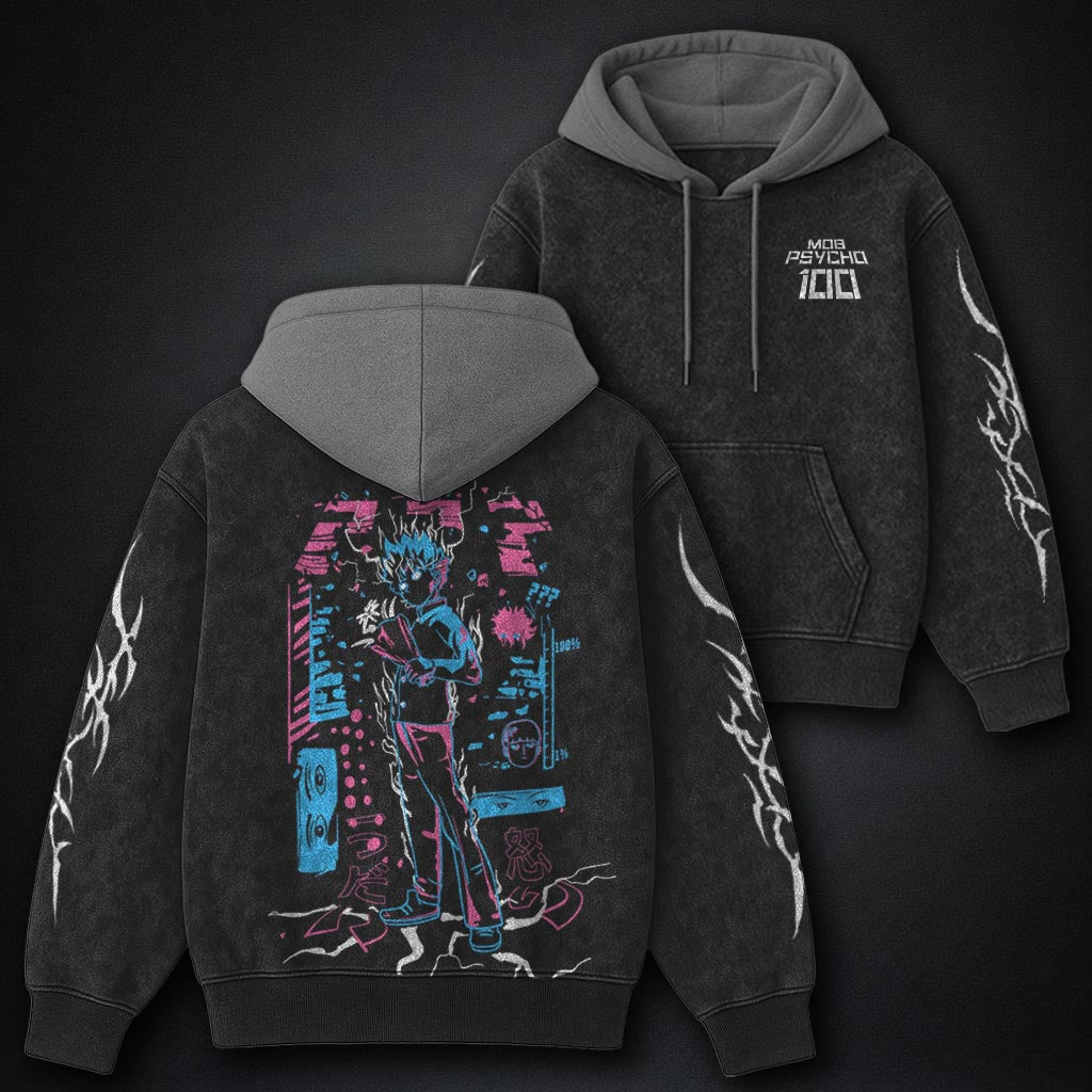 Mob Psycho 100 Cozy Black and Grey Washed Hoodie
