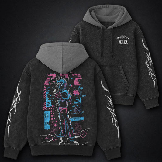 Mob Psycho 100 Cozy Black and Grey Washed Hoodie